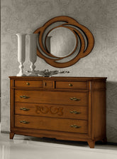 Comò contenitore classico in legno con decori in noce e con segreto, 5 cassetti, finitura ciliegio, collezione Arte D’Este Piombini Mobili Classici Italiani P3102
